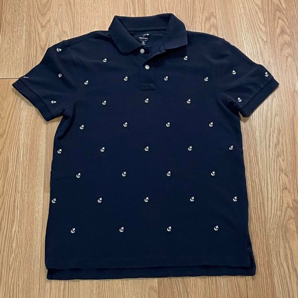 J.Crew Pique Polo Shirt Boys Small Anchor Print Slim Fit Short Sleeve Navy Blue